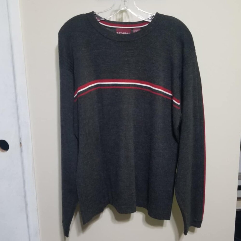 Nevada Charcoal Grey Sweater Large Striped Casual Medium Weight Crew Neck